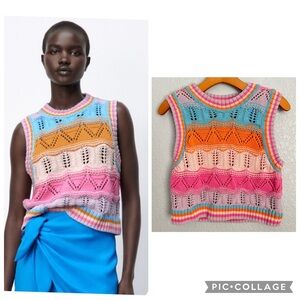 Zara multicolor crochet knit crewneck cropped sweater vest size M
